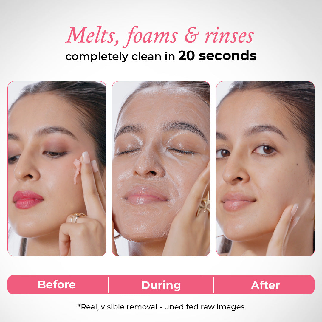 Before and after results of The Pink Foundry Melt to Foam Cleansing Balm showing makeup removal in 20 seconds with clean, fresh-looking skin.