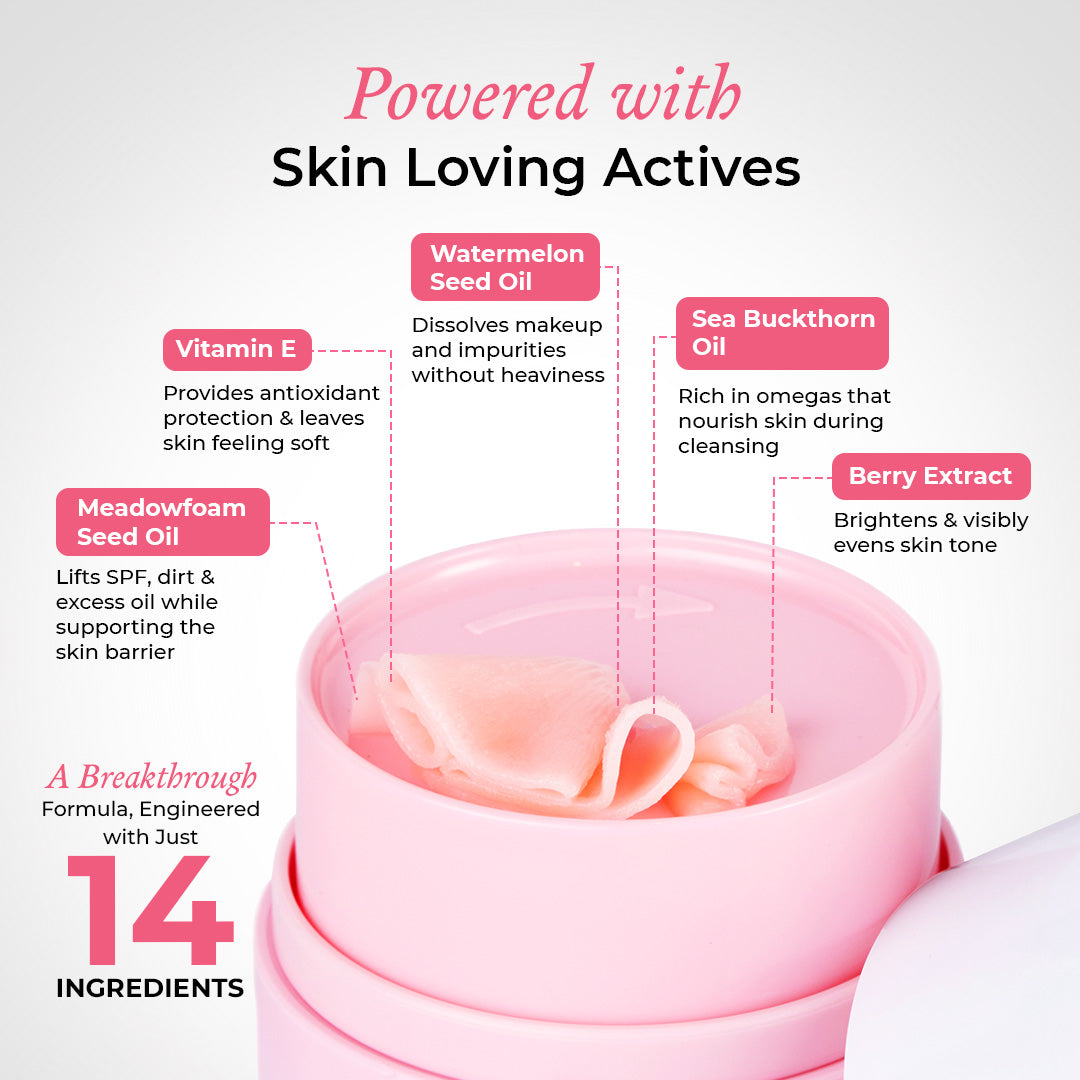 The Pink Foundry Melt to Foam Cleansing Balm enriched with Watermelon Seed Oil, Meadowfoam Seed Oil, Sea Buckthorn Oil, Vitamin E and Berry Extract.
