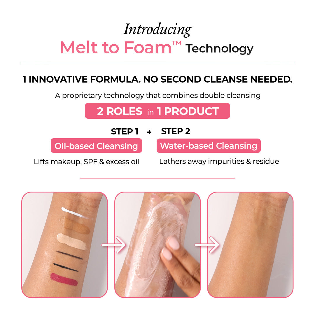 How to use The Pink Foundry Melt to Foam Cleansing Balm—twist to dispense, massage onto dry skin, add water to create soft foam, and rinse clean.