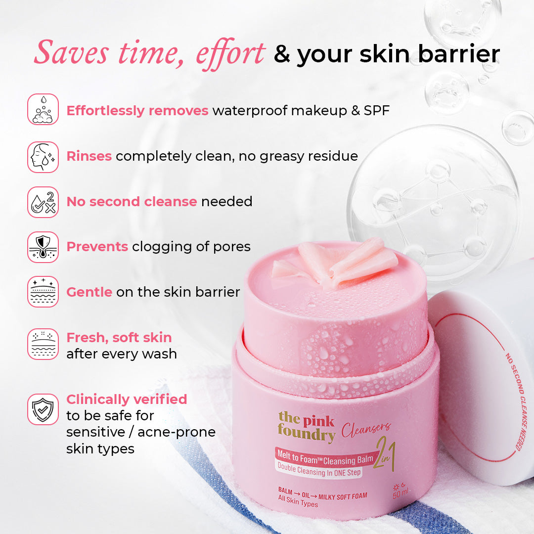 The Pink Foundry Melt to Foam Cleansing Balm featuring pharma-grade skincare, dermatologically tested, non-comedogenic, vegan and cruelty-free formulation.