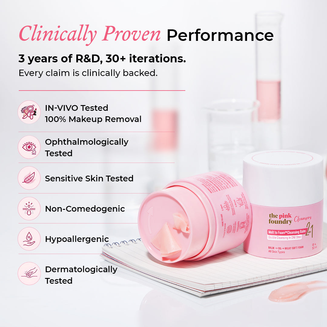 Clinically proven Melt to Foam Cleansing Balm with 100% makeup removal, ophthalmologically tested, dermatologically tested and safe for sensitive skin.