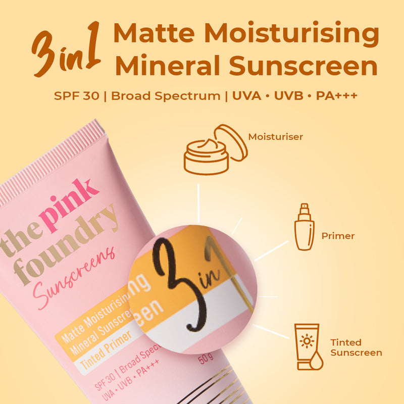 The Pink Foundry Mineral Matte Sunscreen is a 3-in-1 moisturizer, primer, and SPF 30 sunscreen