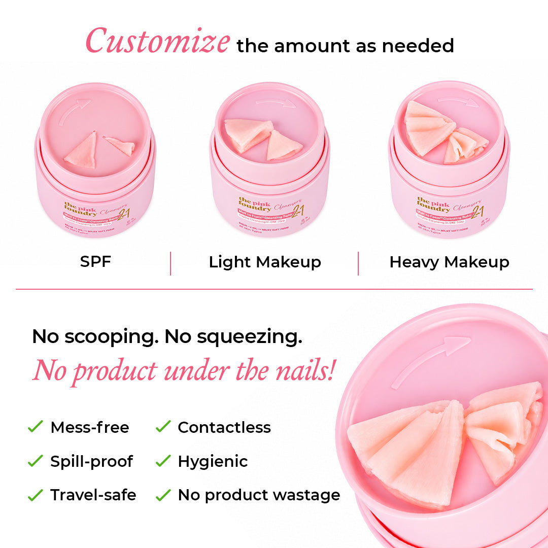 Mess-free twist dispenser of The Pink Foundry Melt to Foam Cleansing Balm with customizable dosage for SPF, light makeup and heavy makeup removal.