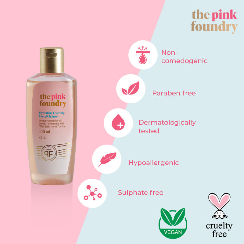 Non comedogenic, paraben free, cruelty free, vegan, hypoallergenic and sulphate free Hydrating Foaming Mild Cleanser in India